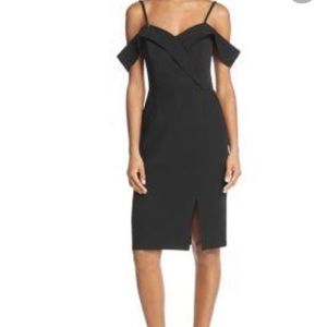 Adelyn Rae (M) , “Shelby” cold shoulder, side split, black cocktail dress
